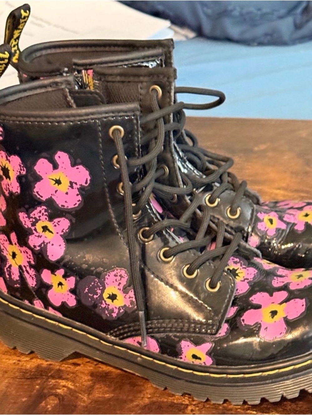 Dr. Martens Kids Black Boots with Pink Floral Print